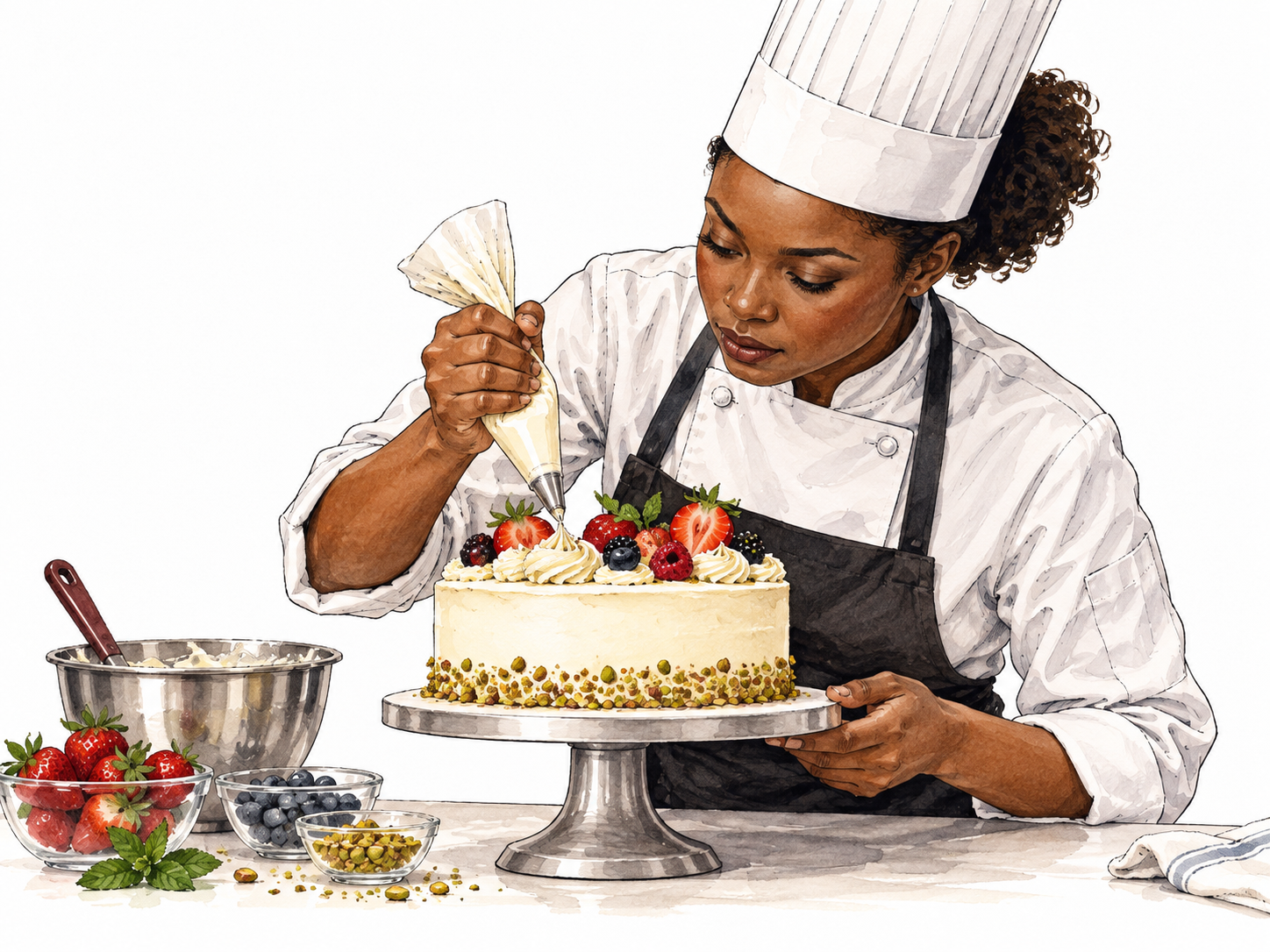 Black pastry chef expertly decorates signature cake.