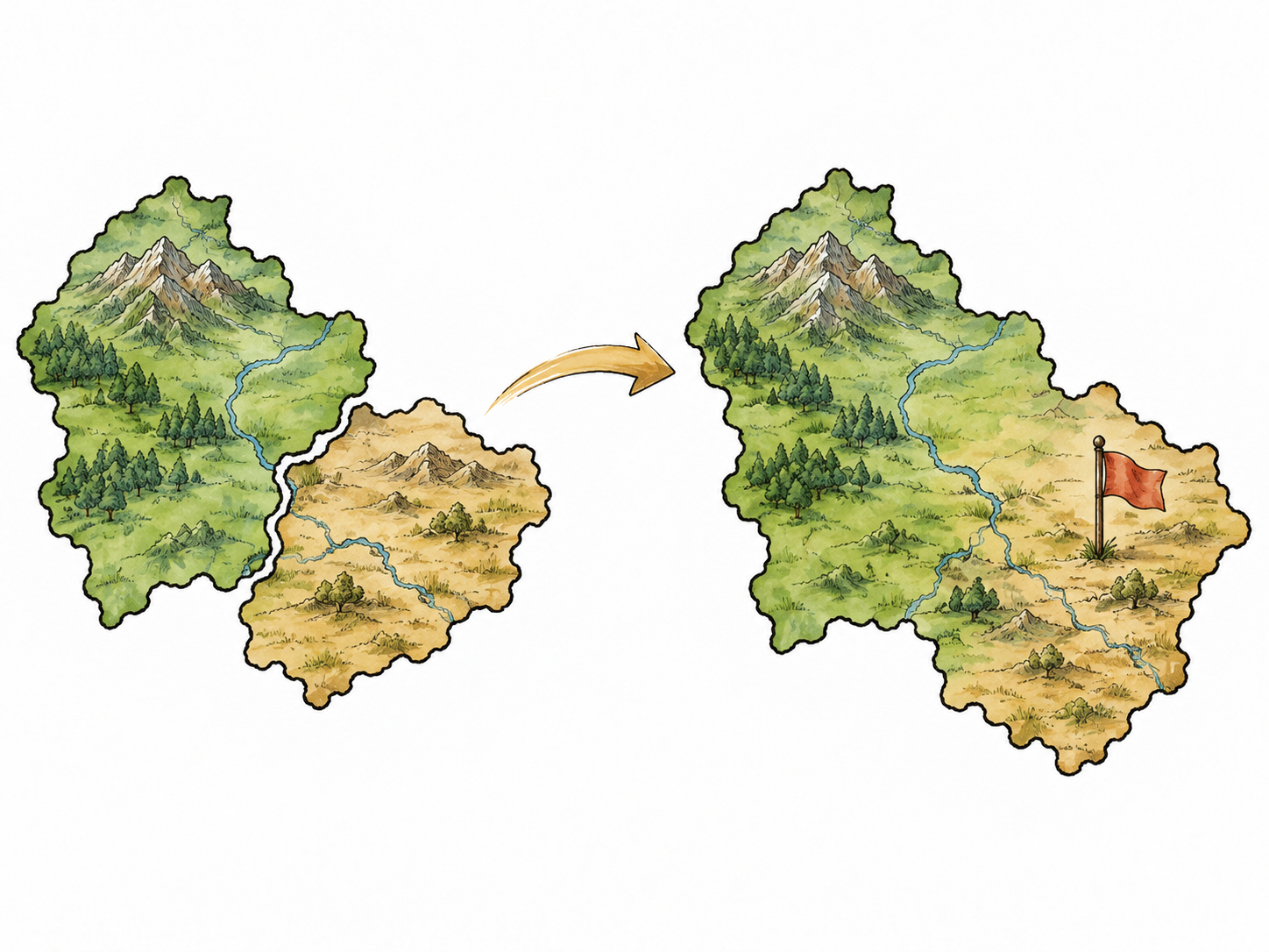 Two adjacent unlabeled territory maps become one outlined area with a small flag placed in the added region.