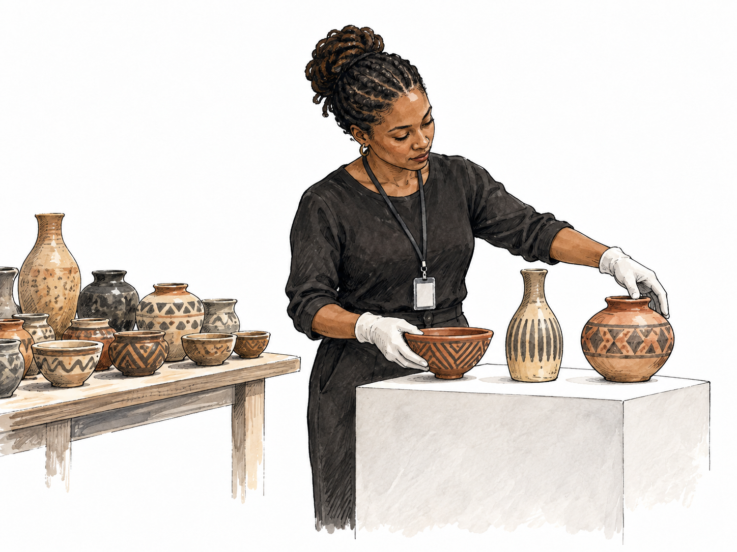 Black museum professional selects three ceramic vessels from many for a thoughtful display.