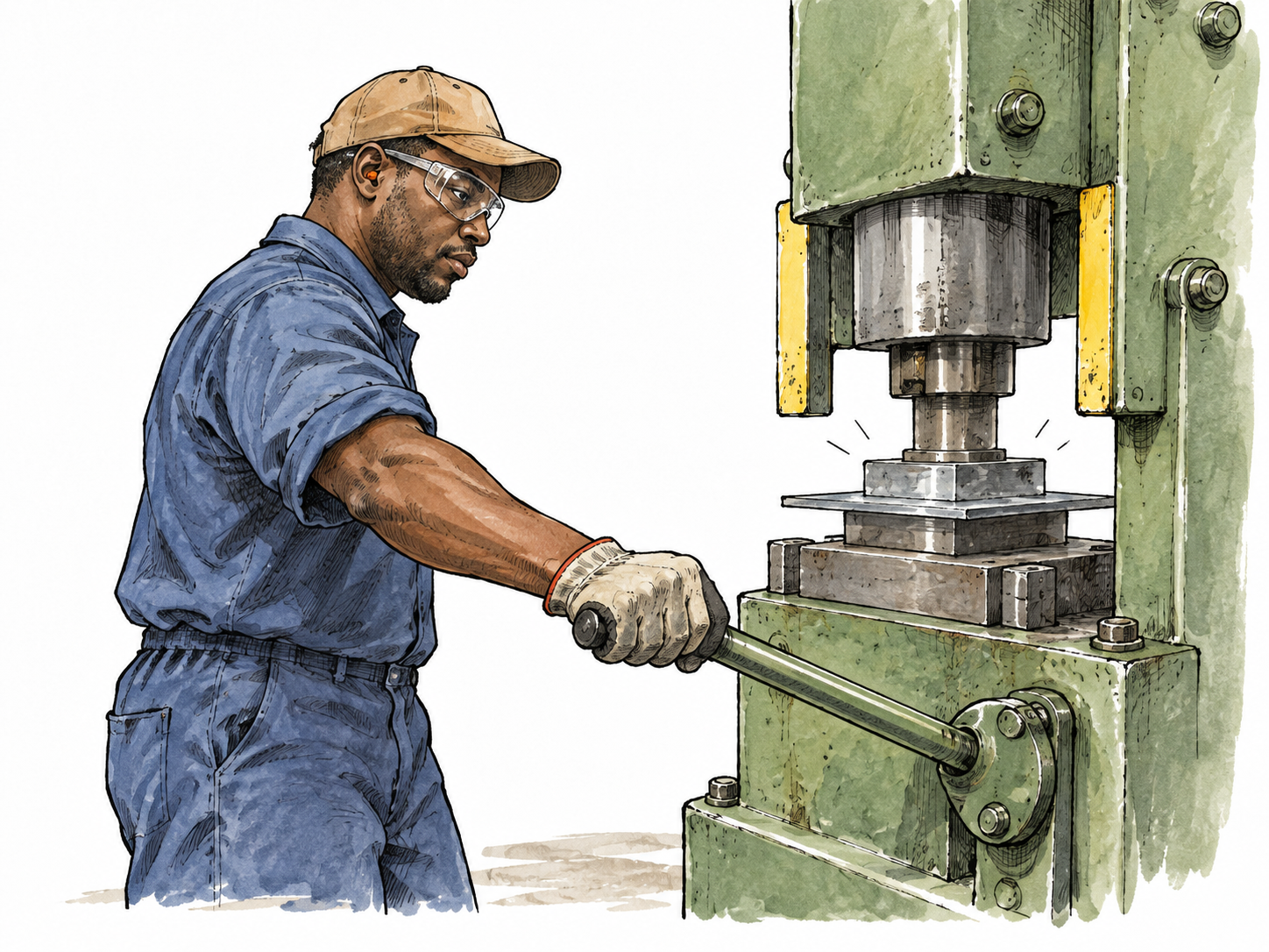 Black machine operator uses a control lever on a working press.