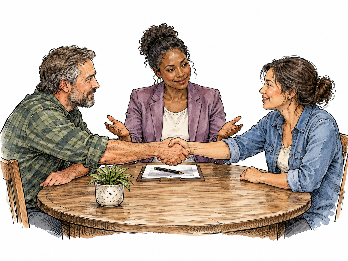 A Black woman mediator helping two tense neighbors shake hands across a table, fair balanced attention.