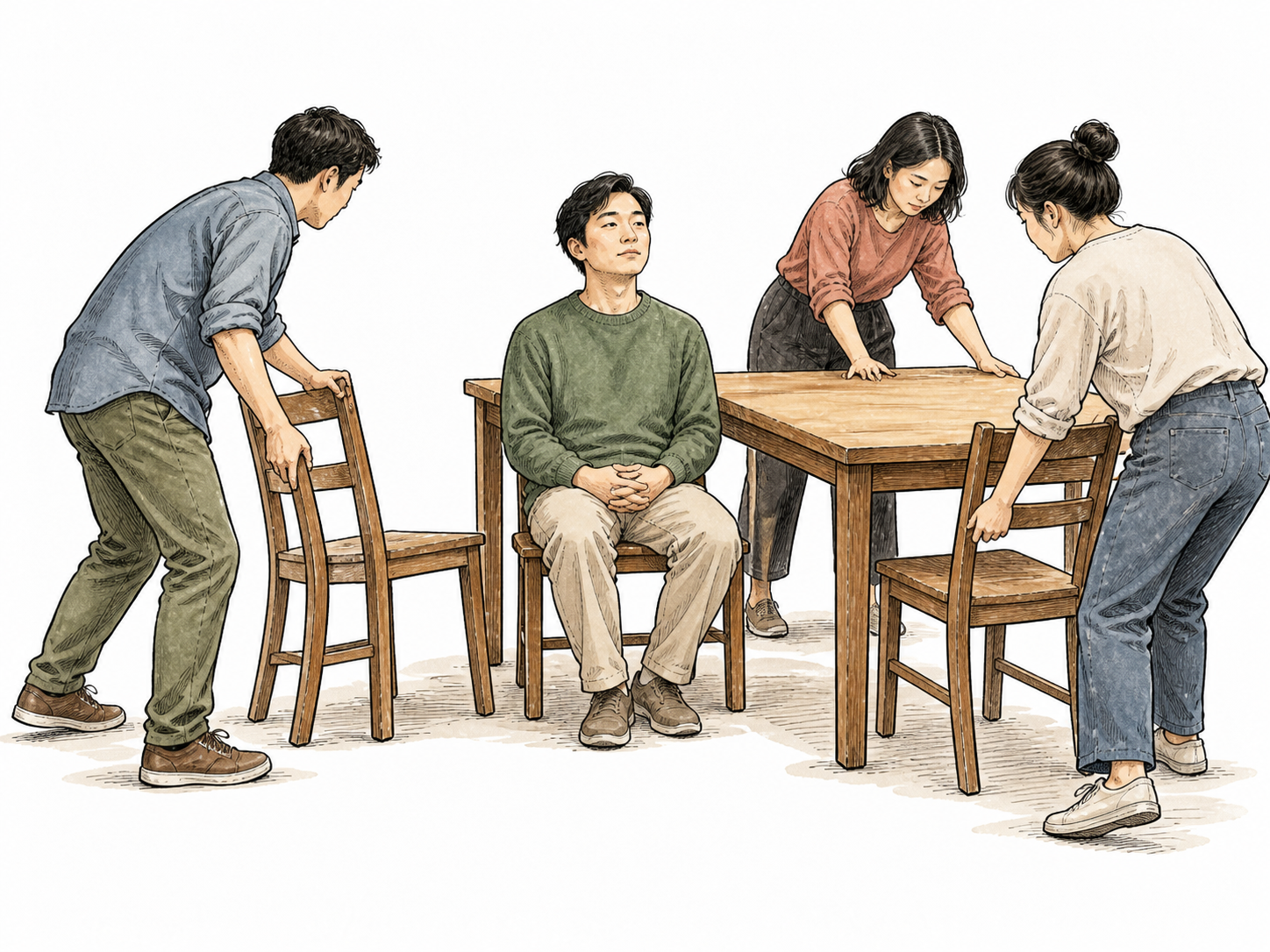 An East Asian adult sits quietly while others rearrange the shared table nearby.