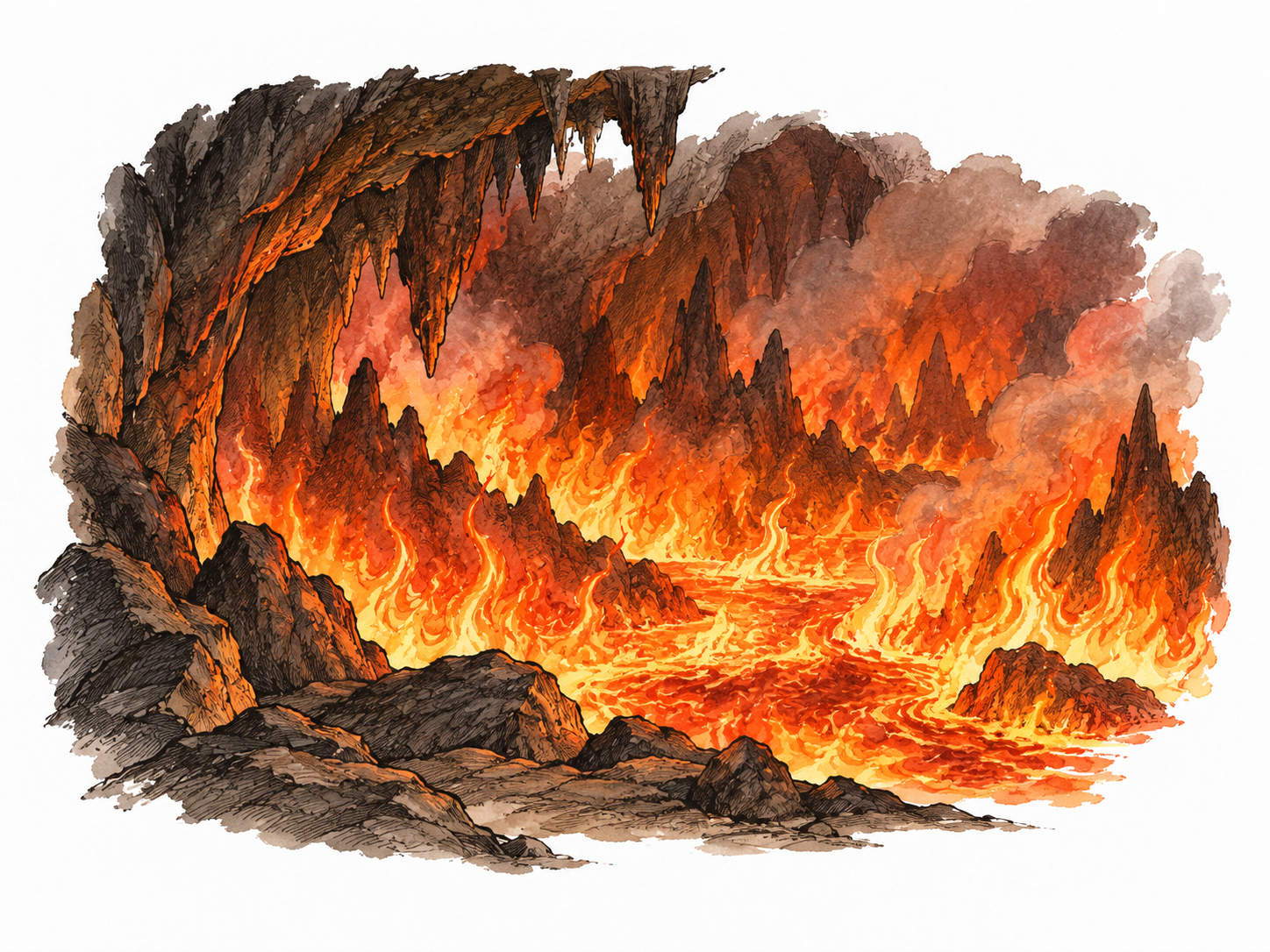 A cavern filled with fierce red-orange flames and smoke, symbolic afterlife fire, no burning people or graphic torment.