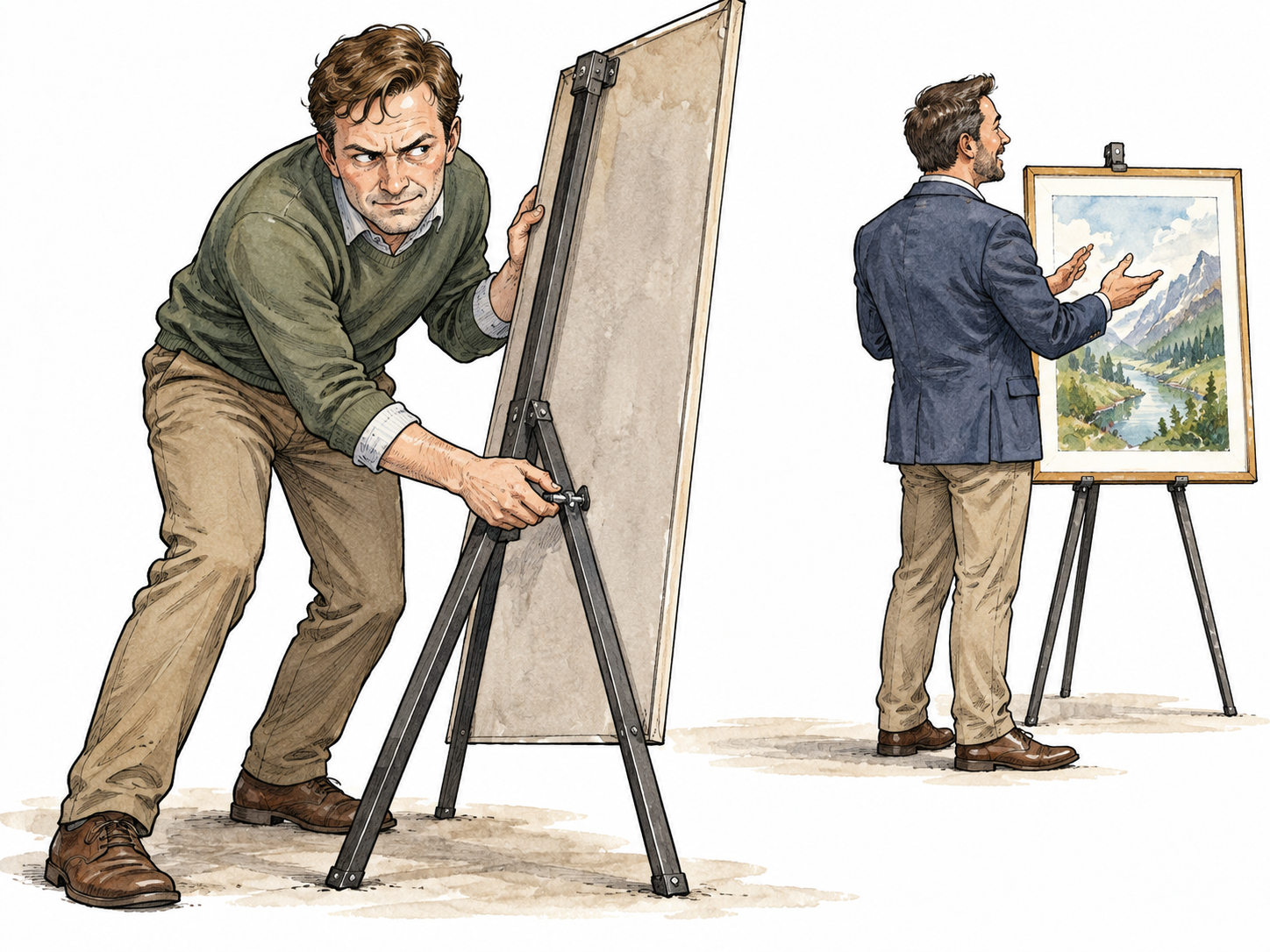 A white adult secretly loosening the support of a rival's display while glancing spitefully toward them, malicious intent, no physical injury.