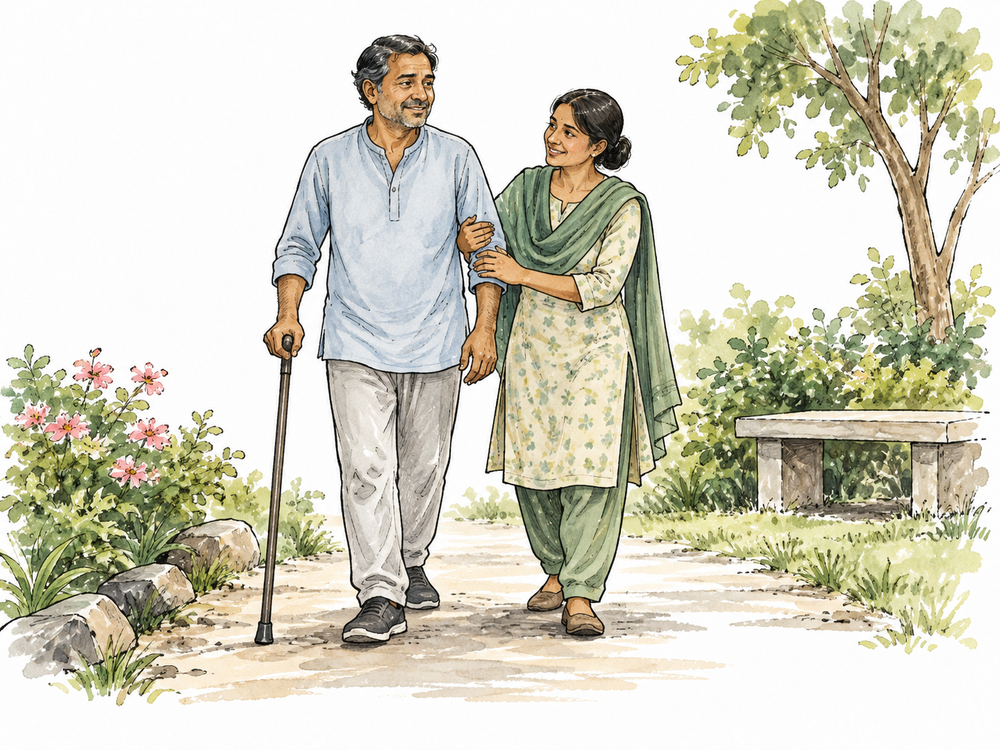 South Asian adult slowly walks in a garden after illness with gentle support.