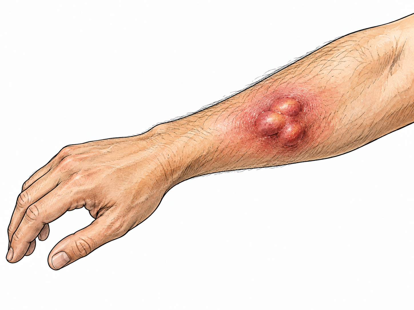 A clean medical illustration of a small inflamed cluster of connected raised boils on a forearm, no pus, blood or open wounds, clinical non-graphic.