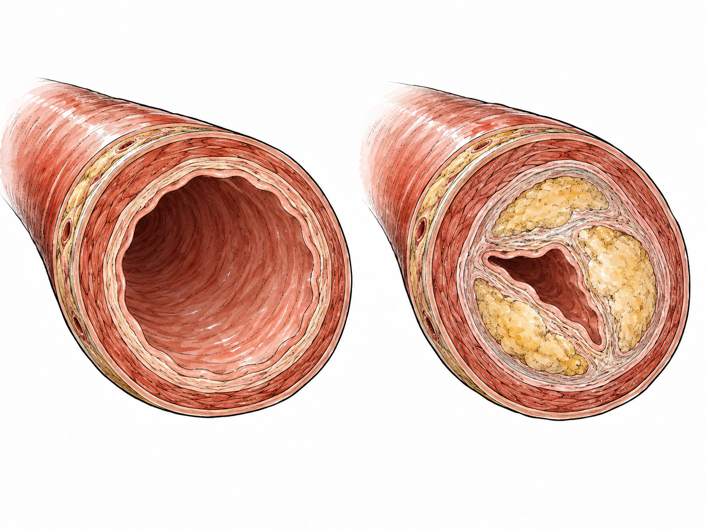 Side-by-side clean artery cross-sections: flexible open lumen and thick hardened plaque-lined narrowed lumen, clinical diagram without blood or text.