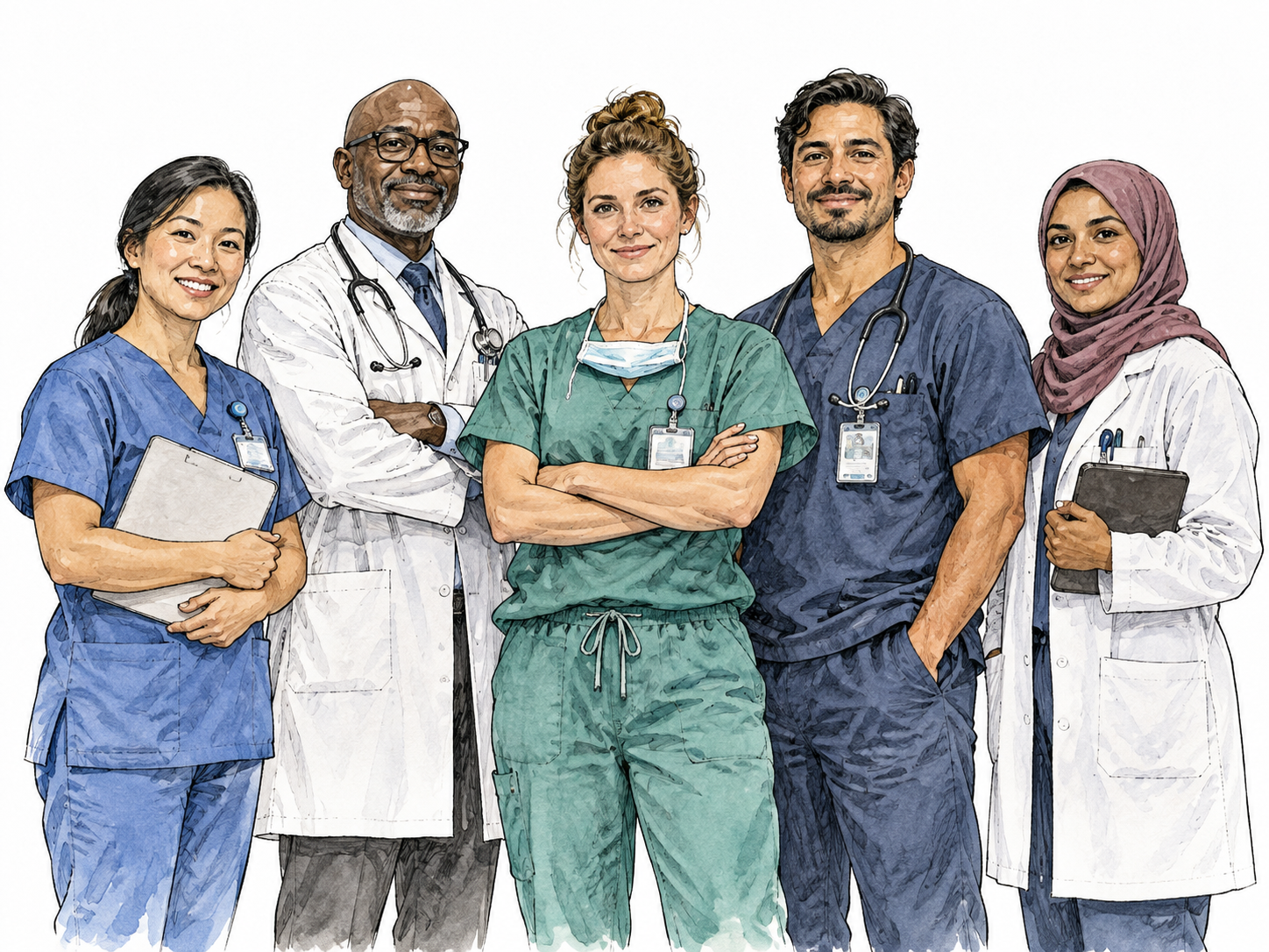 Diverse hospital staff stand together in work attire.
