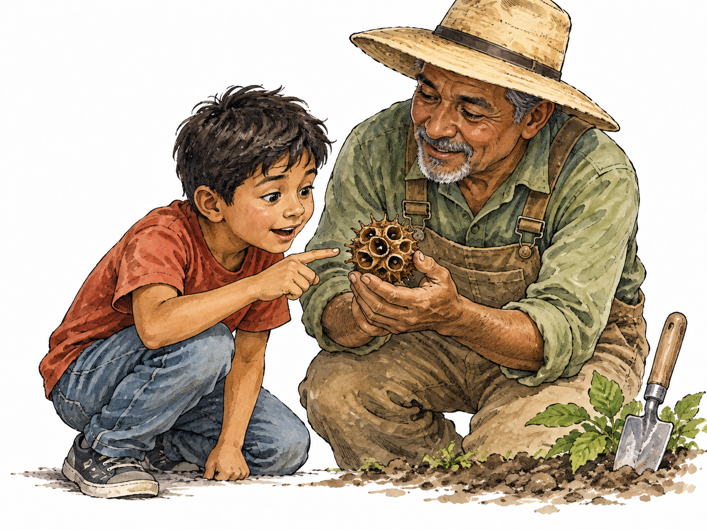 Latino boy eagerly examines a strange seedpod with an older gardener.