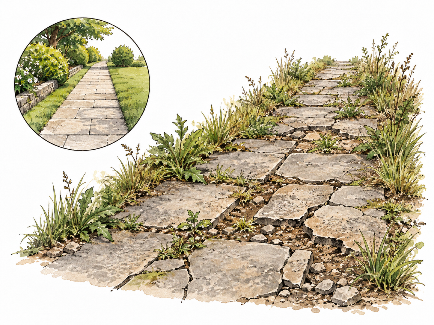A once-maintained path deteriorates into cracked paving and weeds beside a small older neat inset-like section.