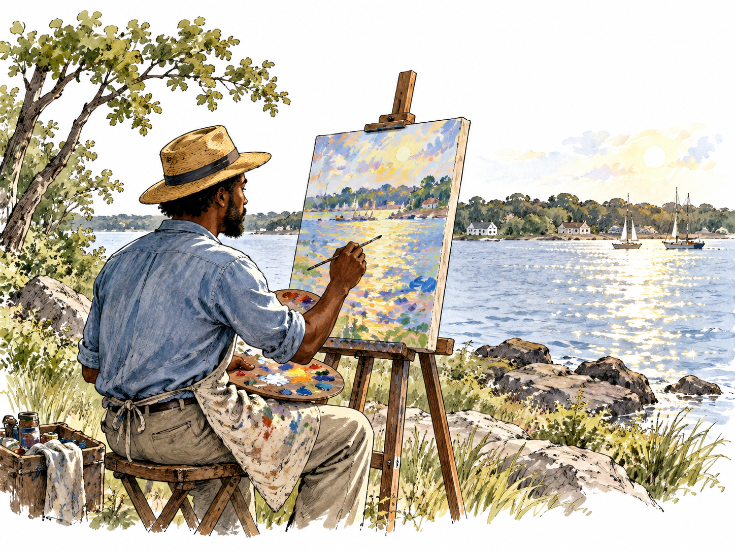 A Black painter capturing sunlight on water with short broken strokes at an easel, finished canvas impressionistic while surrounding scene editorial ink.