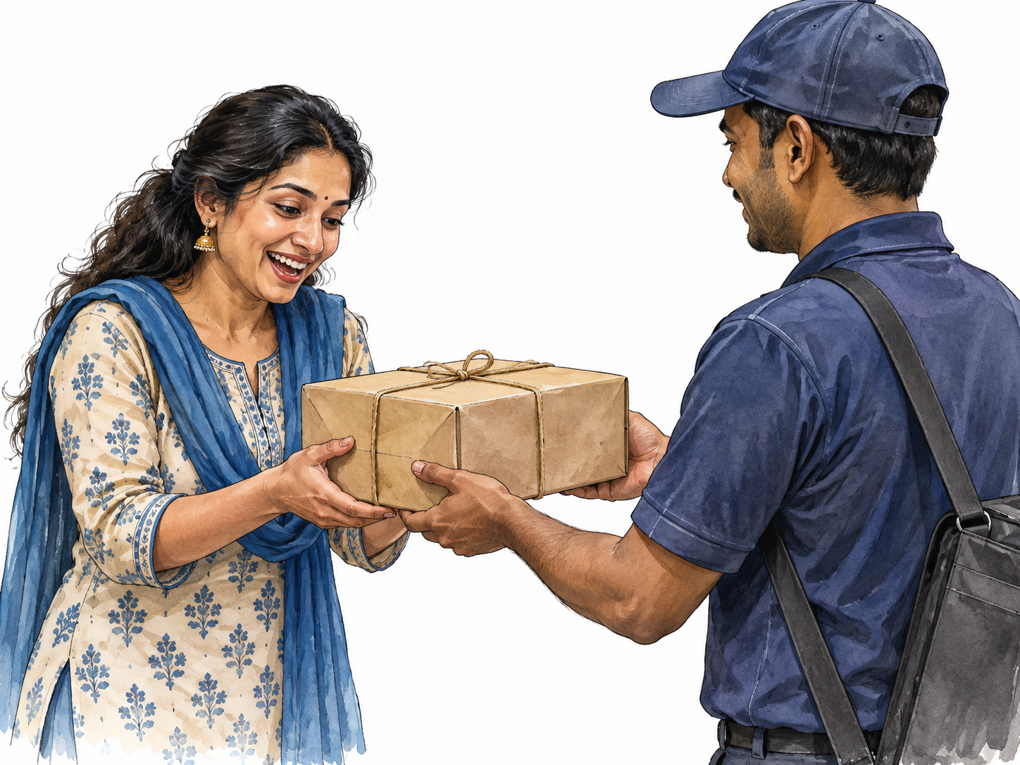 A delighted South Asian adult receiving a wrapped parcel directly into both hands from a courier.