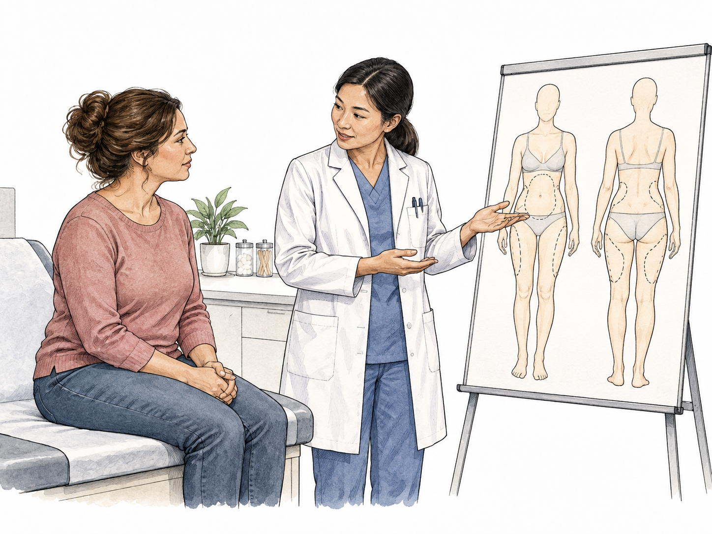 A respectful non-graphic cosmetic clinic scene: fully clothed adult consults clinician beside a blank body-contour model; no procedure shown.