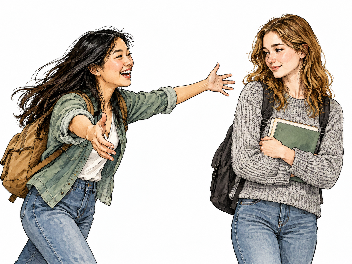 Outgoing East Asian woman warmly greets reserved white friend, contrasting personalities.