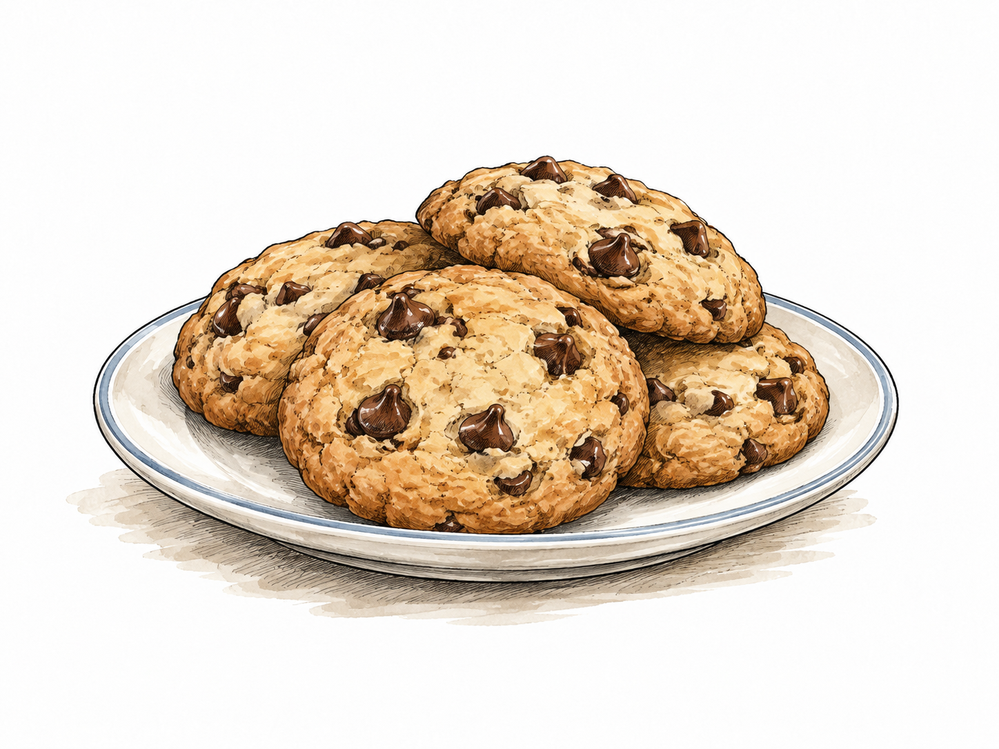 A small plate of chocolate-chip cookies.