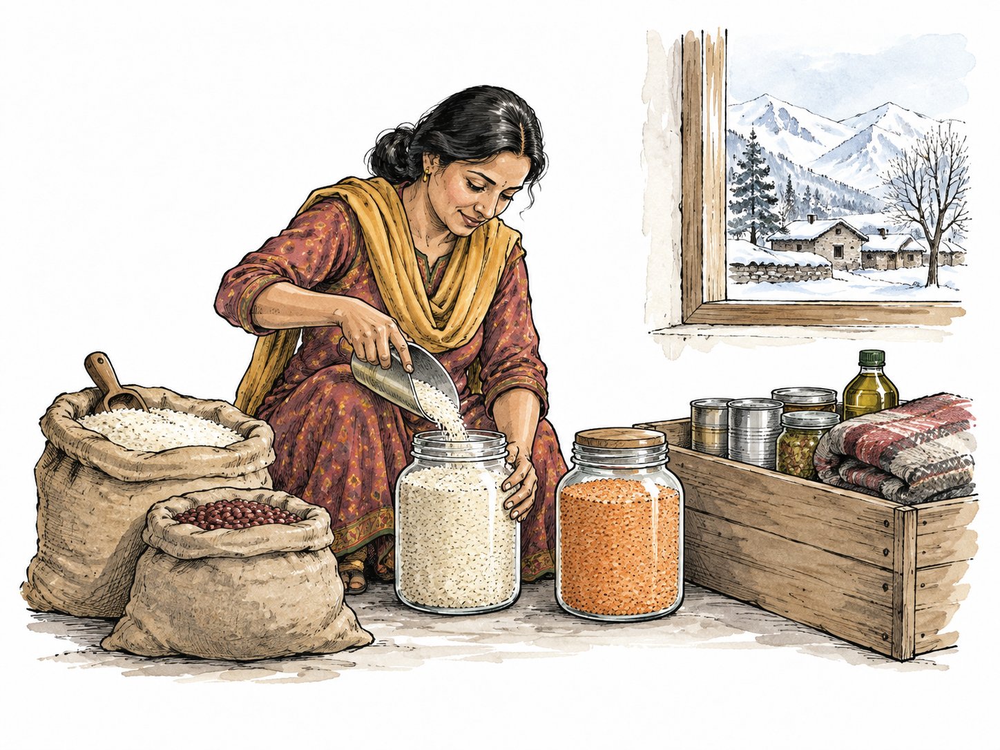 South Asian woman neatly stores food and emergency supplies for winter.