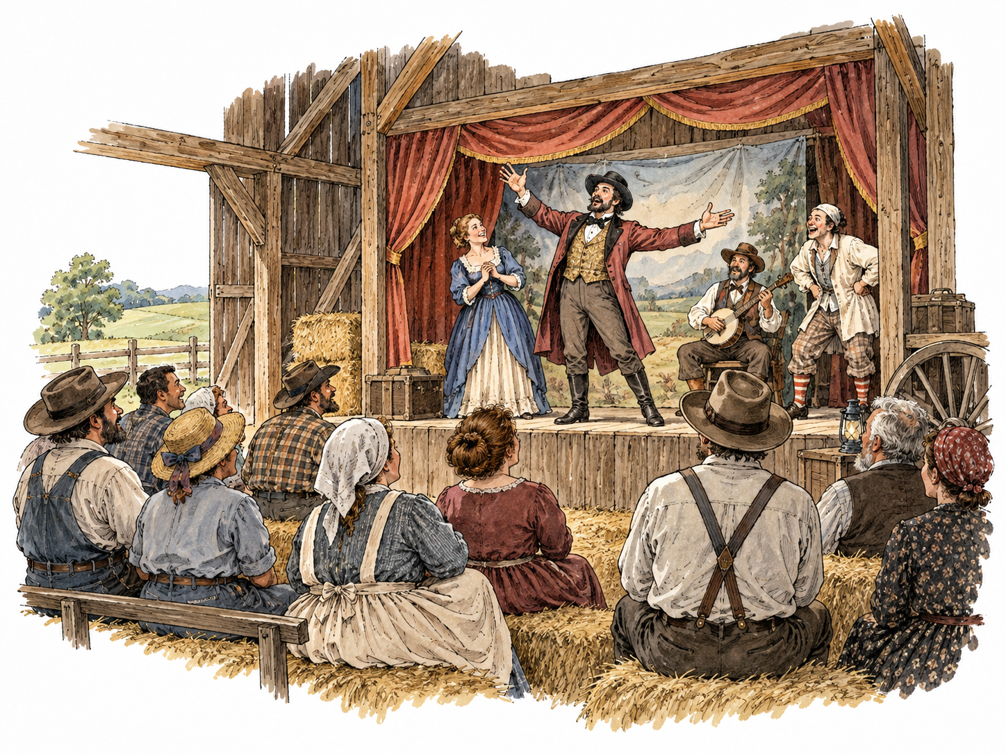 A traveling theatrical troupe performing on a small stage inside a barn while diverse rural adults watch, older sense of touring performances.