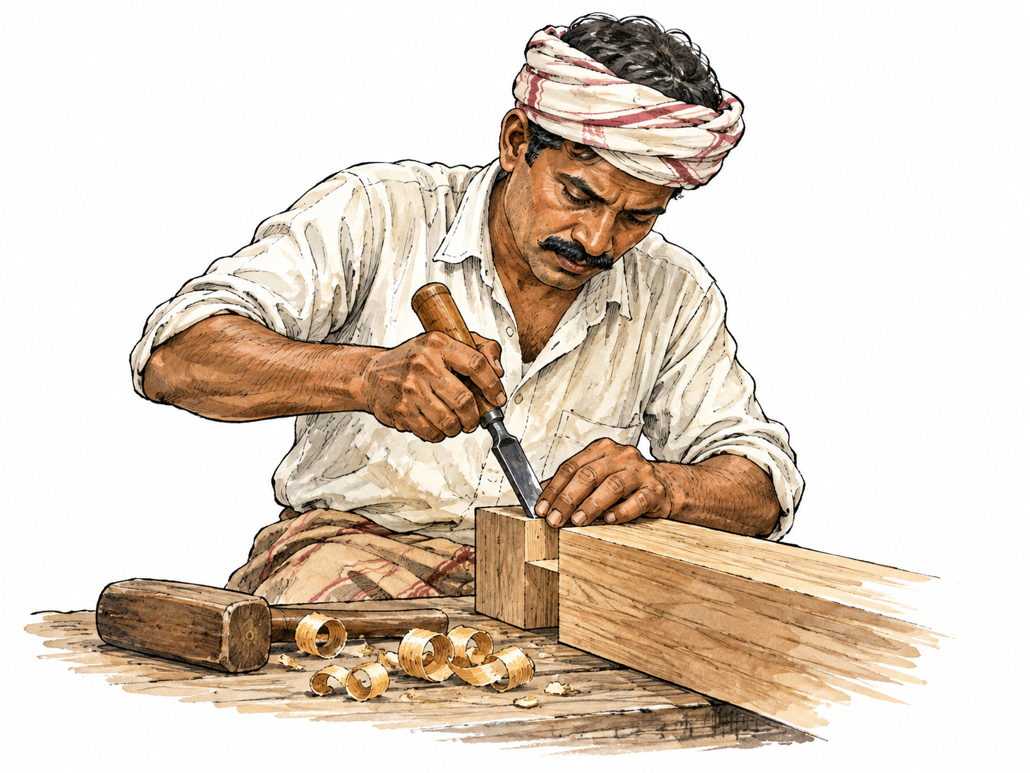 South Asian craftsperson expertly shapes a precise wooden joint.