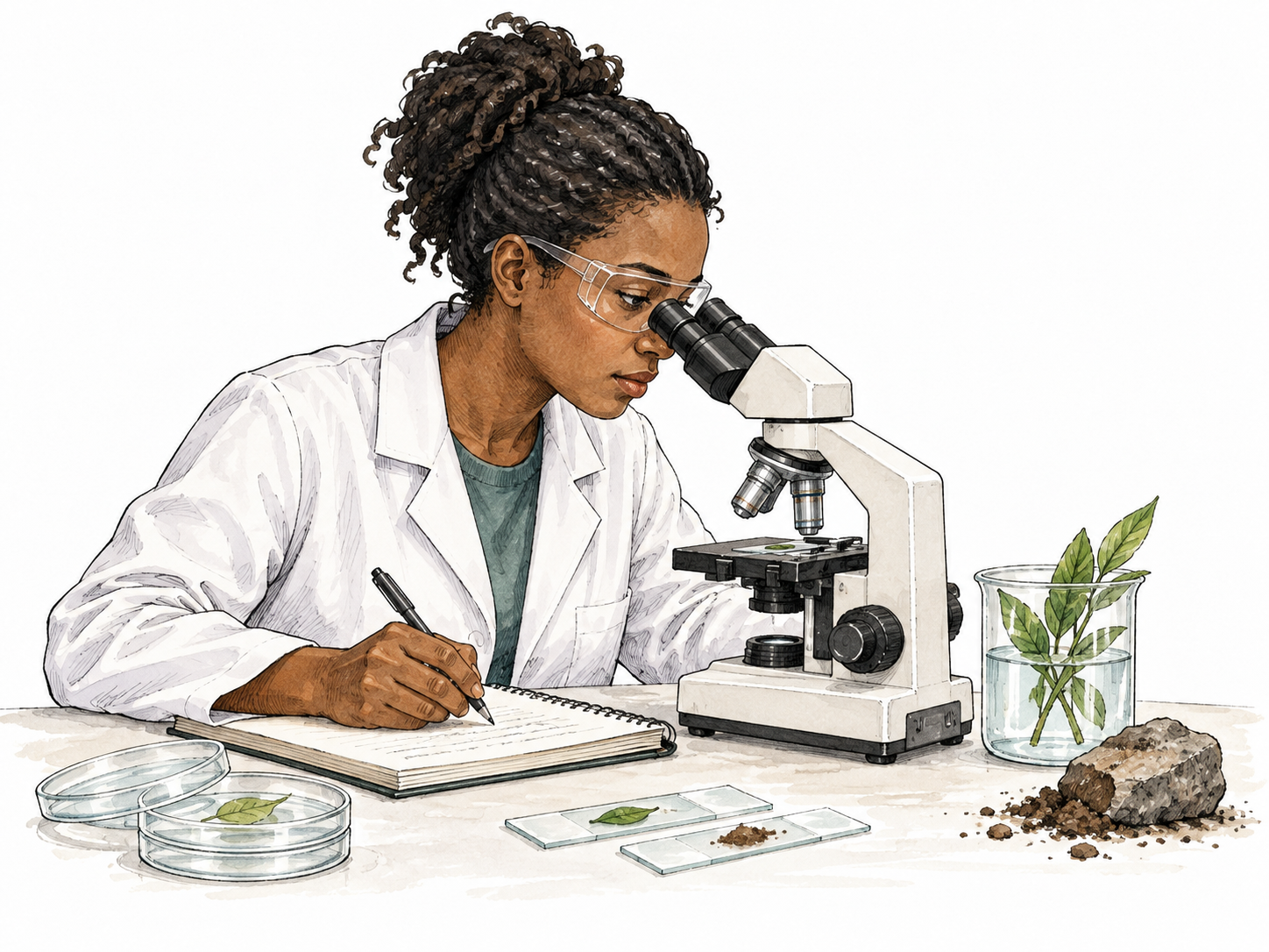 A Black scientist studies samples with microscope and notebook.