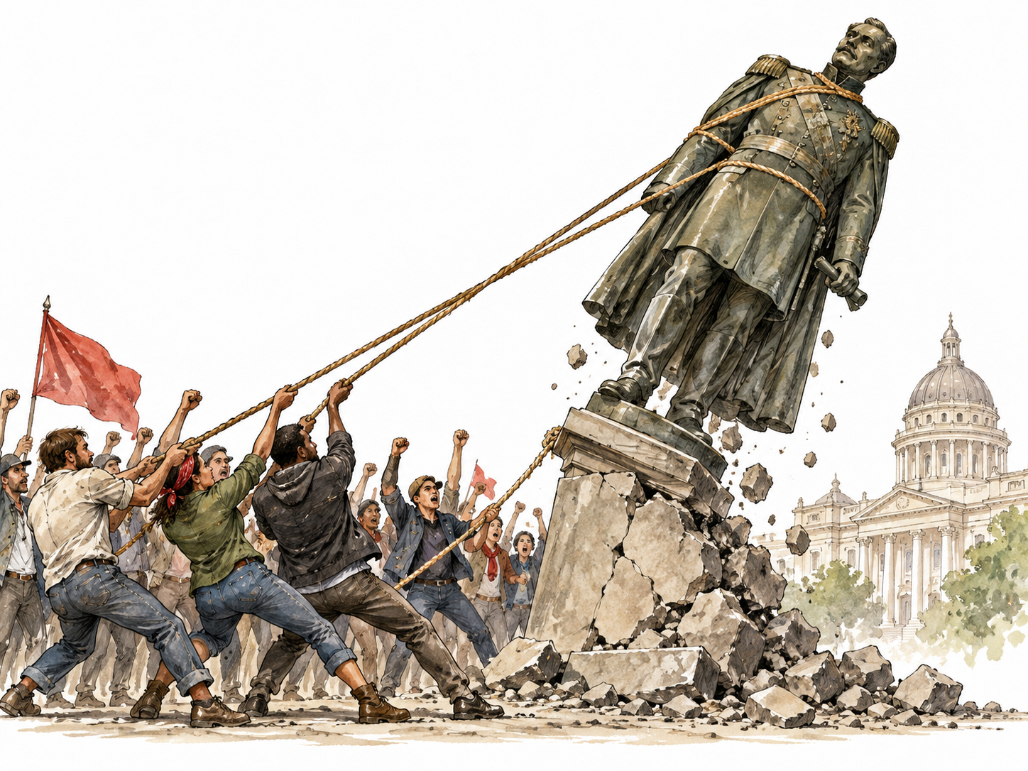 Citizens dismantle old ruler's statue in major political uprising.