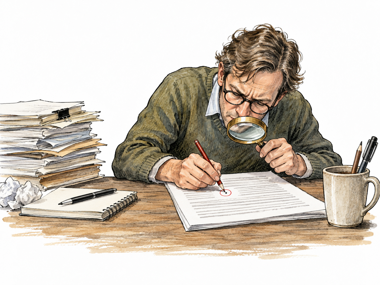A white adult meticulously correcting a tiny misplaced mark in a document while the main practical work waits unfinished, fussy attention to minor detail.