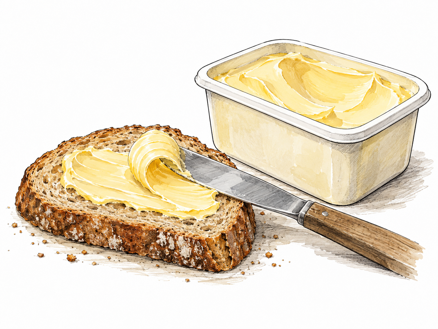 A smooth pale-yellow margarine spread curls on bread beside an open plain tub.