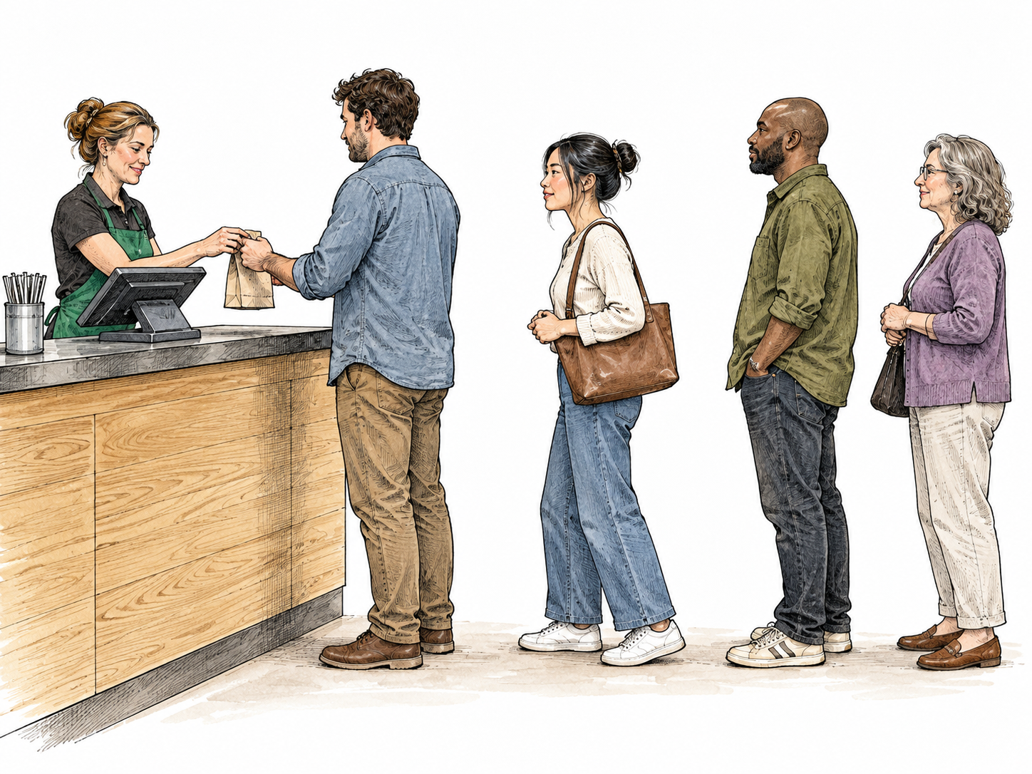 A neat queue with one person being served and an East Asian woman immediately behind that person ready to step forward.