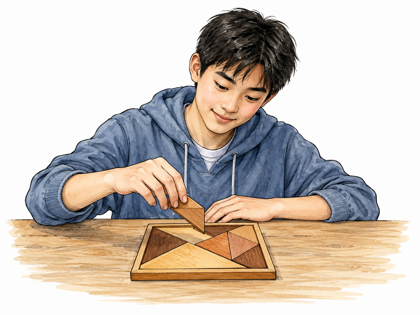 An East Asian teenager fits the final piece into a geometric puzzle.