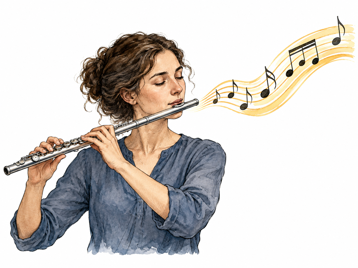 Flutist plays smooth musical phrase shown as flowing notes.