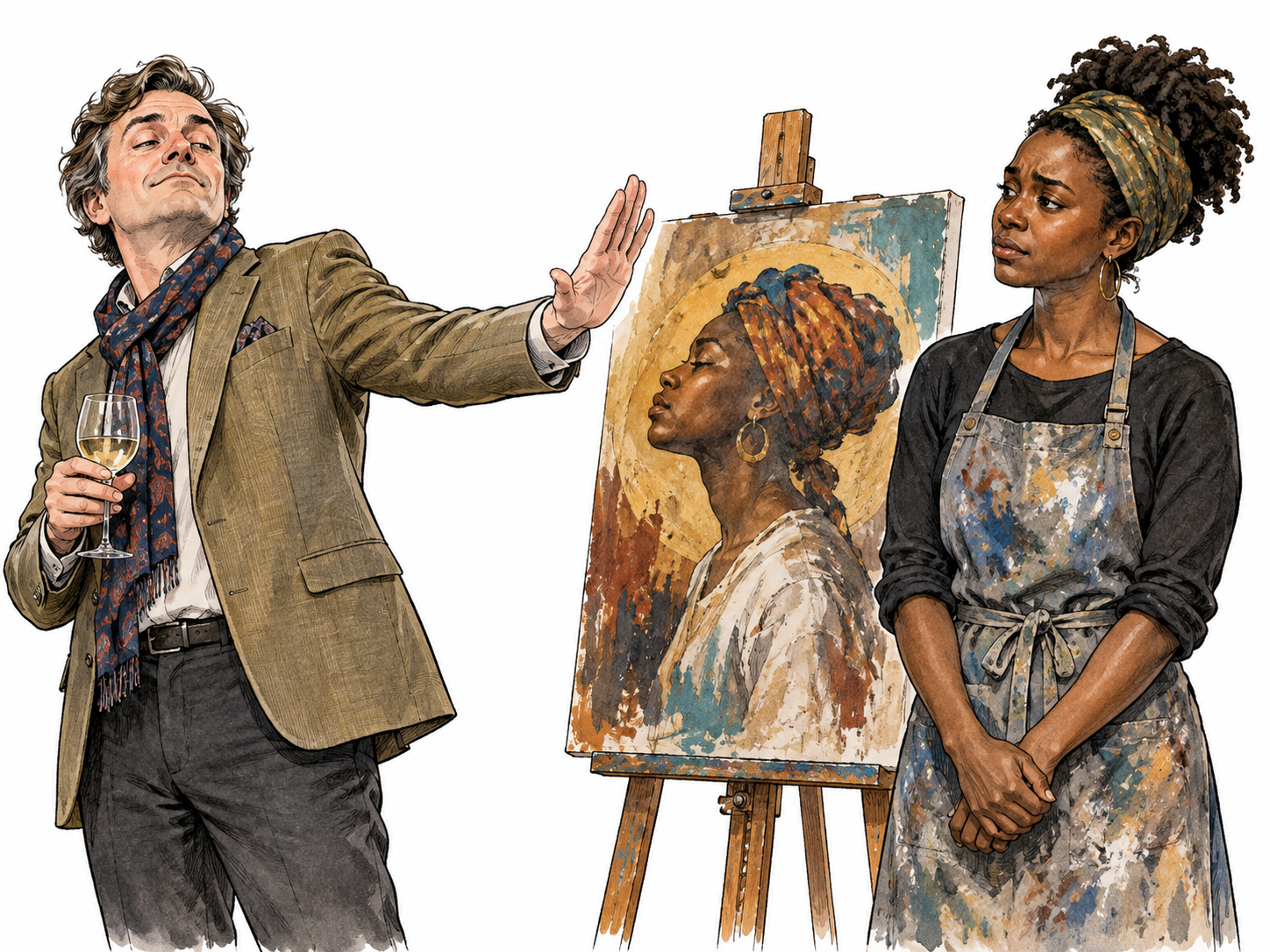 A smug white adult art critic making a belittling dismissive gesture at an earnest Black artist's painting, hurt but dignified artist.