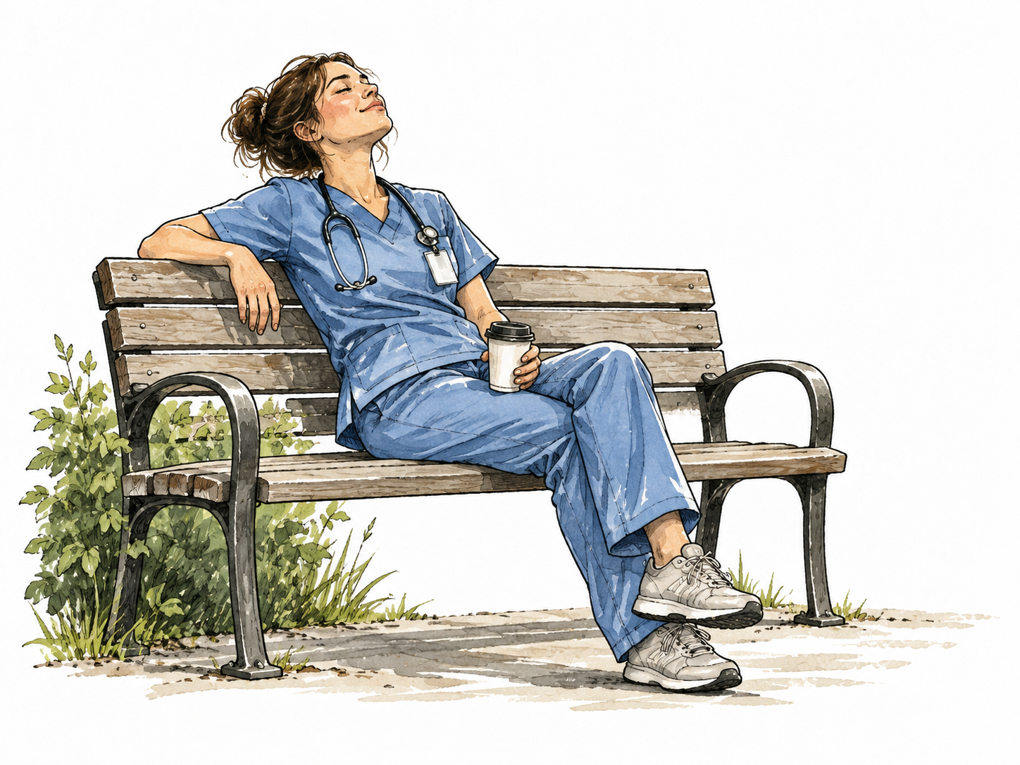 A tired nurse rests quietly on a bench during a short break.