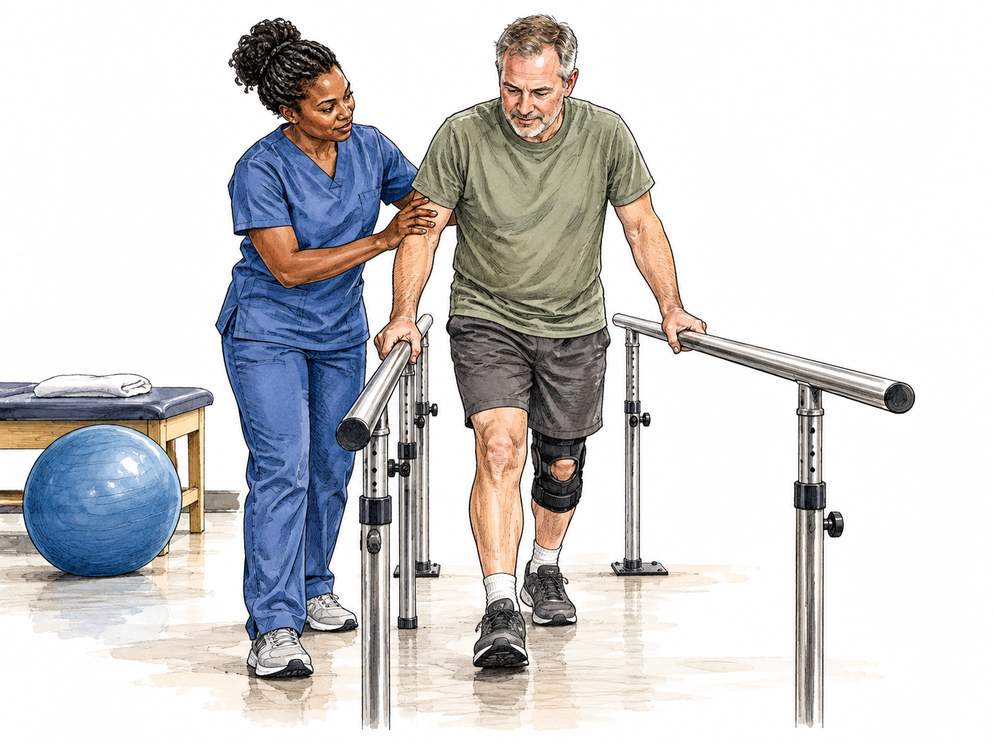 Black physical therapist supports white patient relearning to walk.