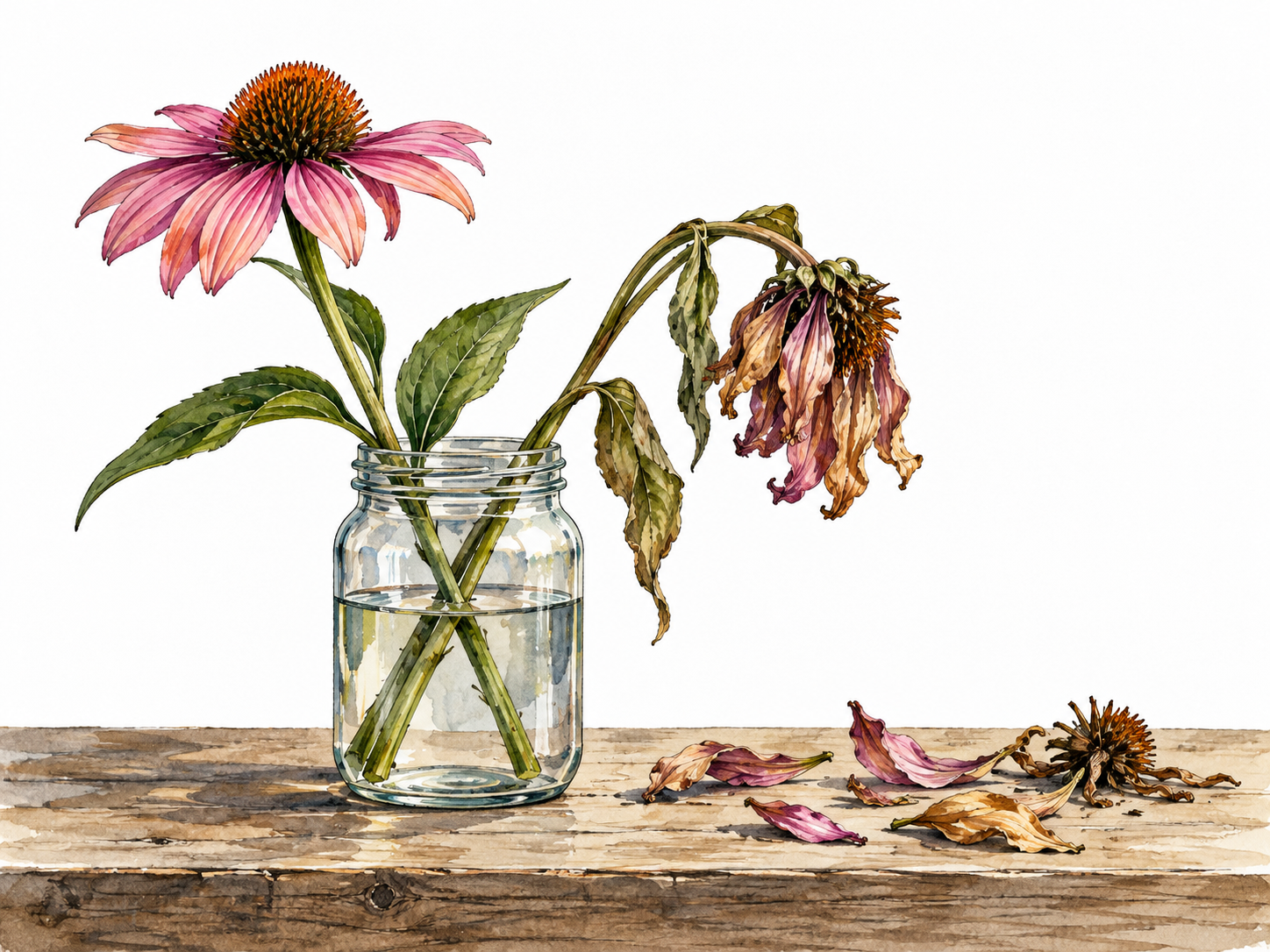 A living flower, wilting flower and fallen petals arranged naturally across a table, mortality as life's ending.