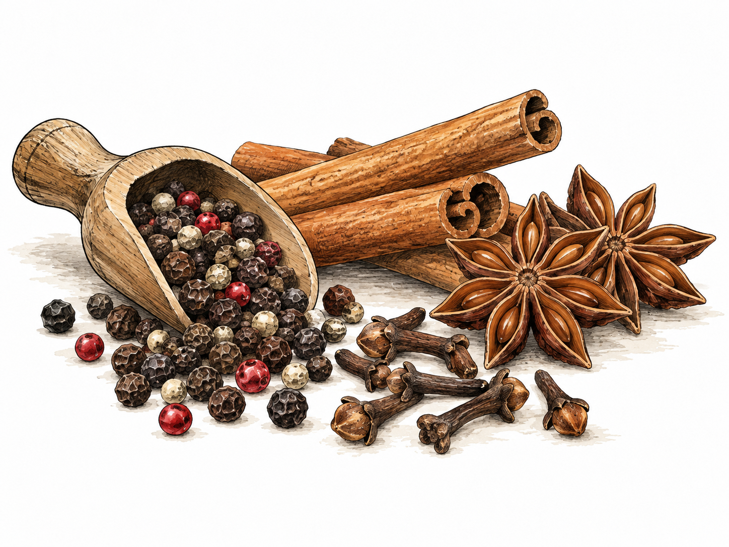 Aromatic peppercorns cinnamon cloves and star anise.