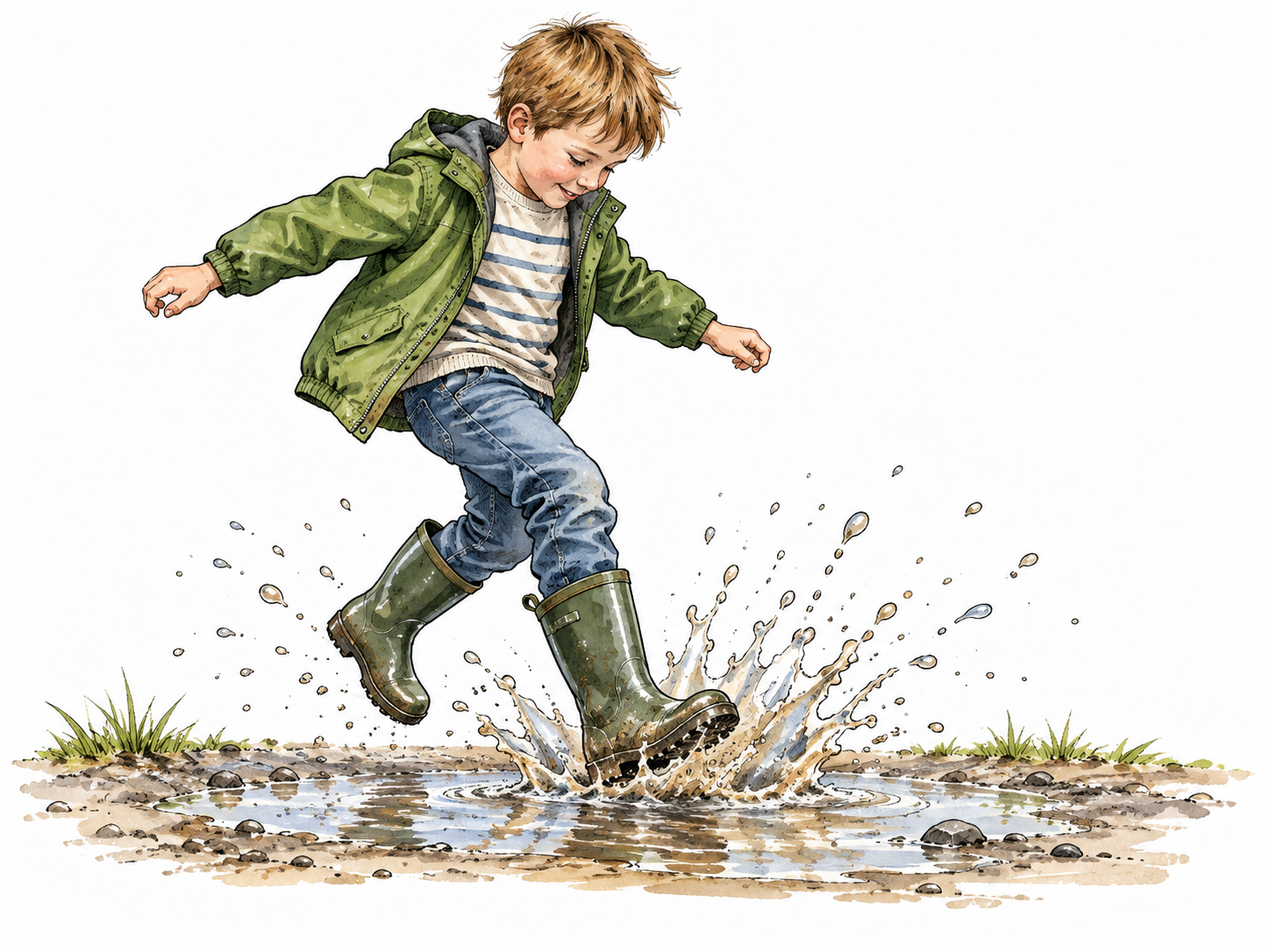 A white child in boots splashes a shallow puddle, droplets scattering naturally.