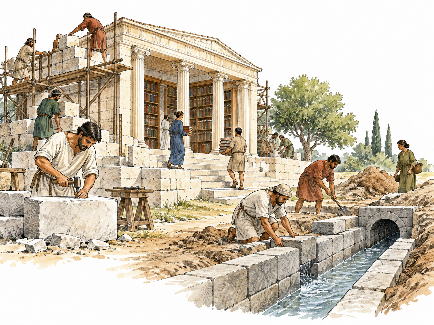 An unlabeled historical scene of a community building a public library and sanitation channel together; no primitive-versus-superior ethnic contrast.