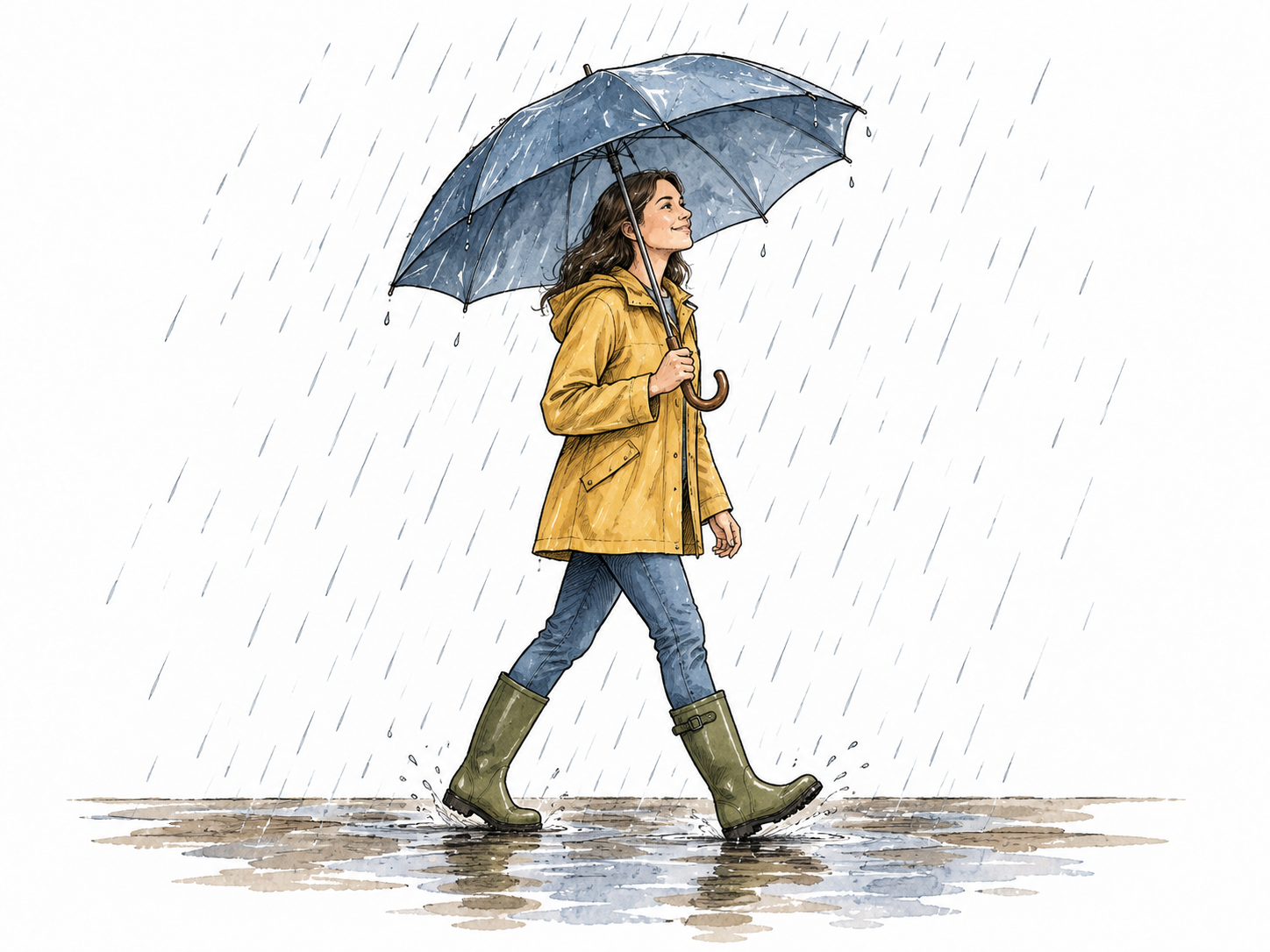 A well-fitted umbrella keeps a person dry in rain.