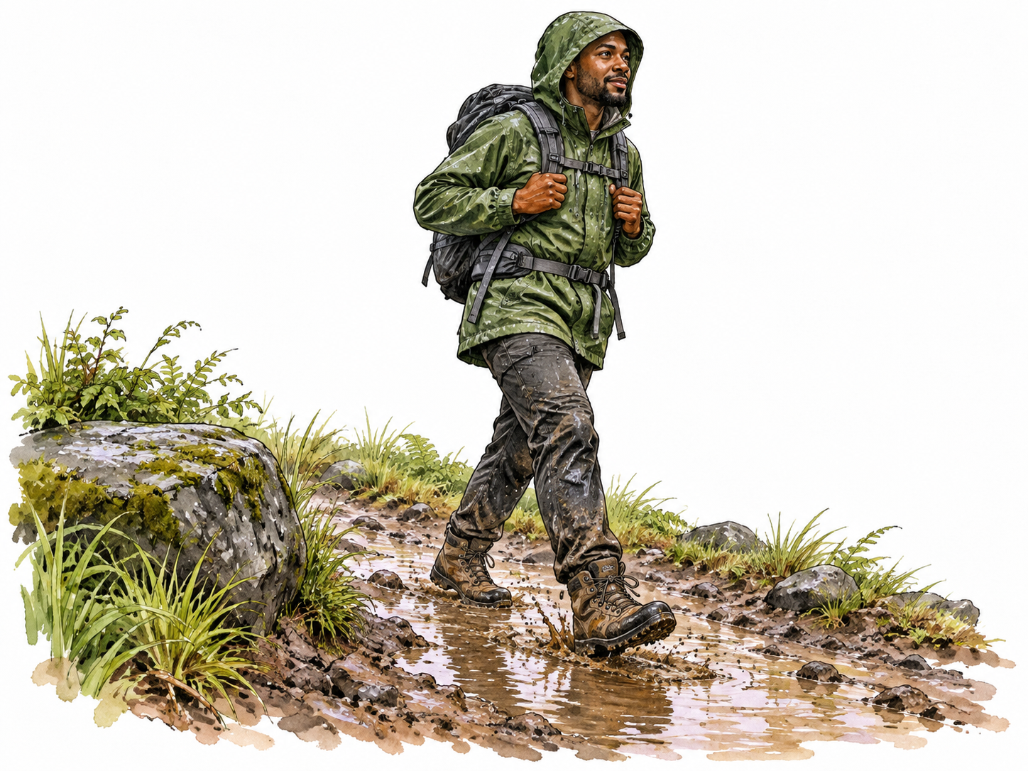 A Black hiker wearing sturdy waterproof boots and raincoat suited to a wet muddy path, functional suitability.
