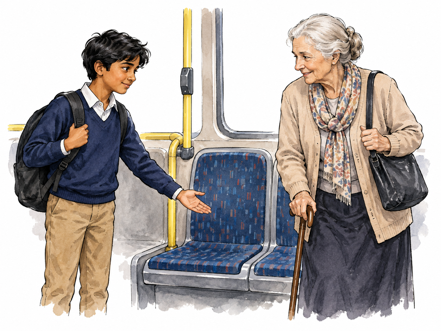A South Asian boy politely offering his seat to an elderly white woman on public transport, restrained courtesy.