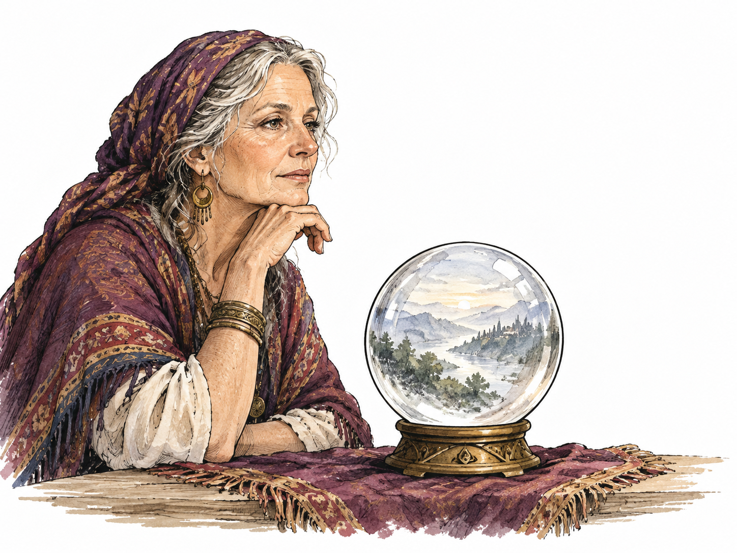 A thoughtful older white woman beside an untouched crystal ball, imagined distant landscape faintly reflected; ambiguous theatrical fortune telling.