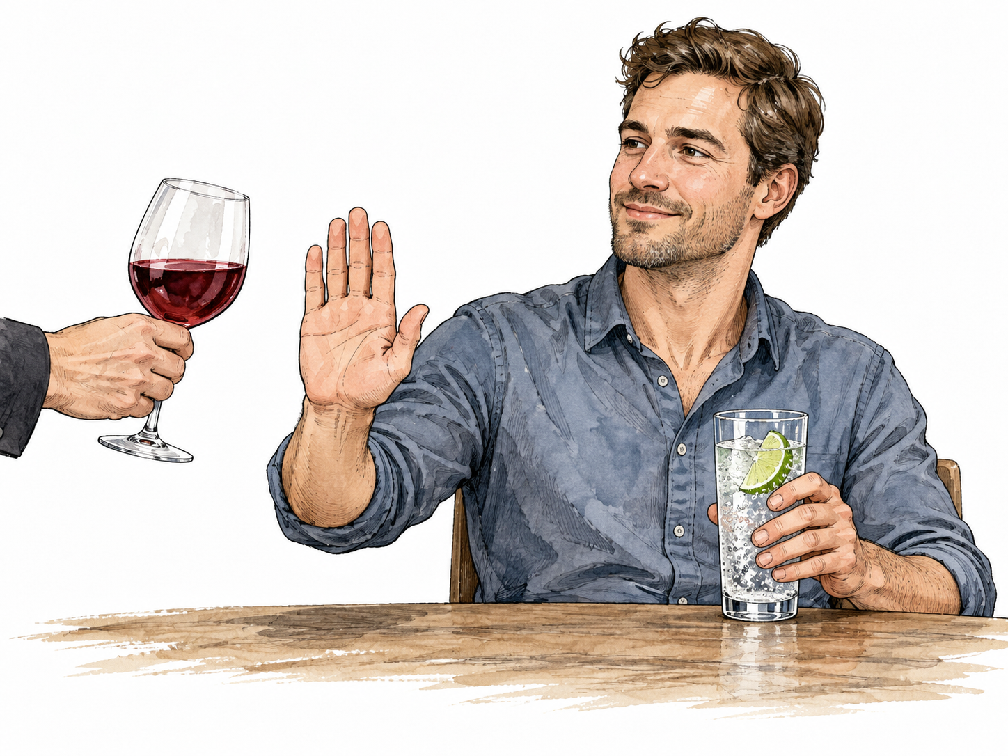 White adult chooses sparkling water over offered wine.