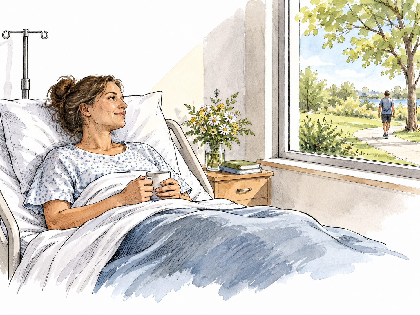 A quiet recovery room with resting adult and gradual return to activity beyond window.
