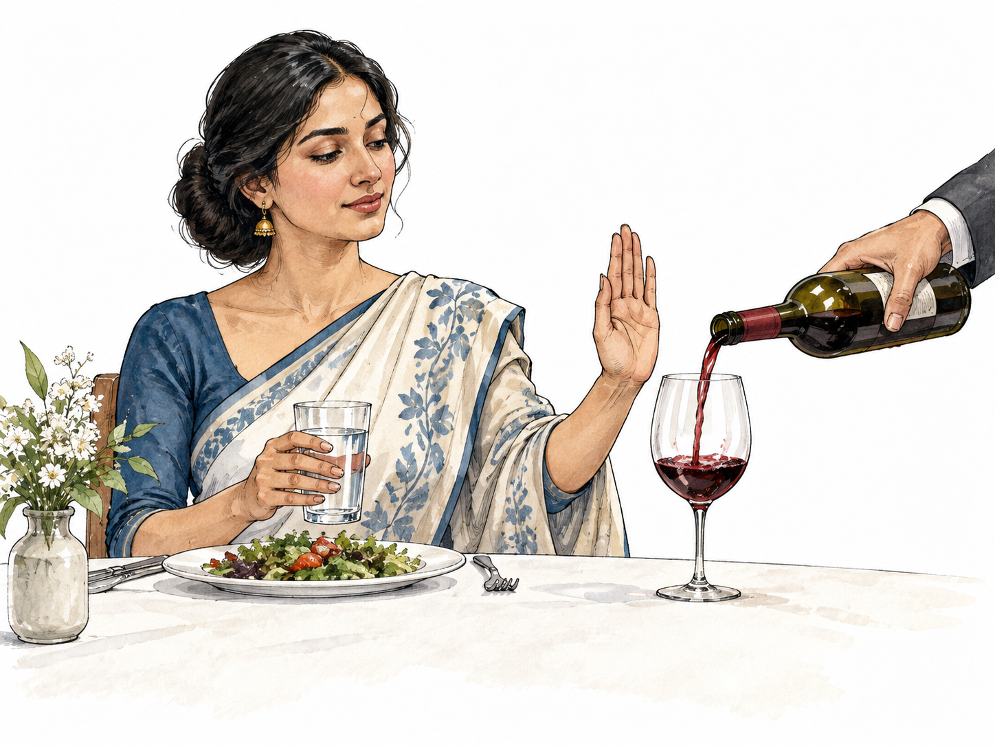 A South Asian woman calmly declines a wine refill and chooses water.