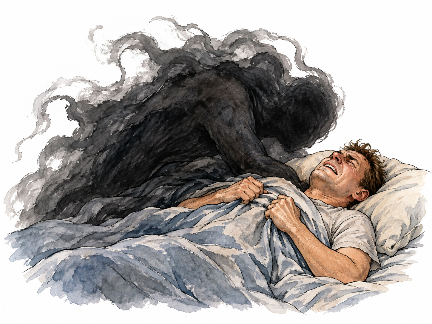 A white adult sleeper weighed down by a large abstract dark shadow over the blankets, oppressive nightmare burden, nonsexual.