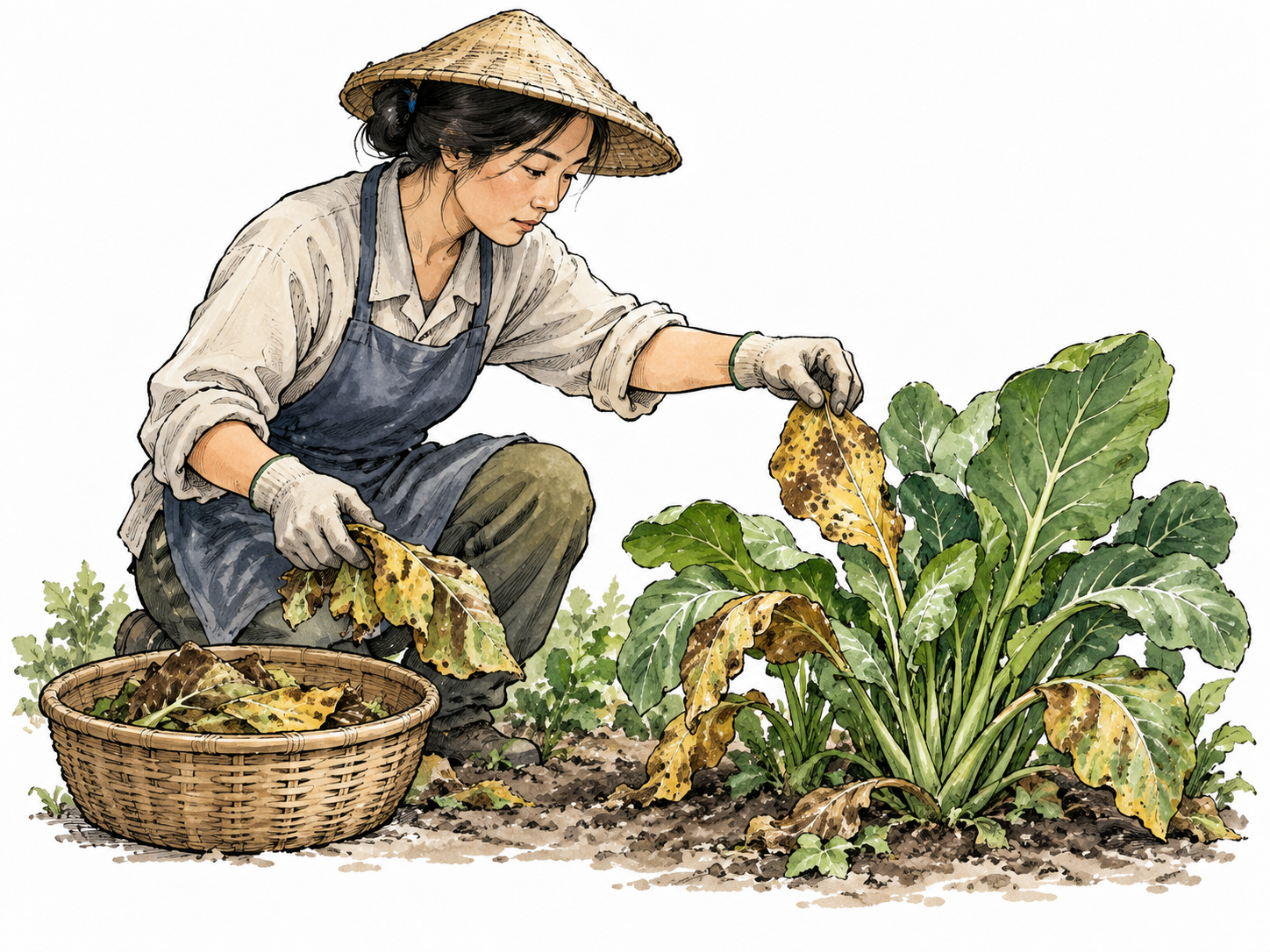East Asian gardener removes diseased leaves from healthy plants.