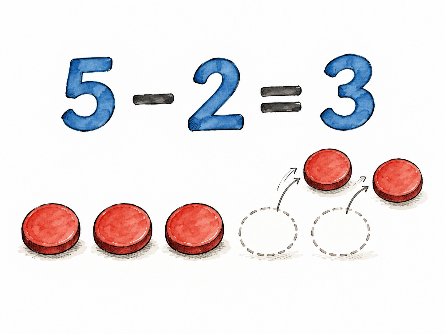 Clear educational arrangement '5 − 2 = 3' above five counters with two removed.