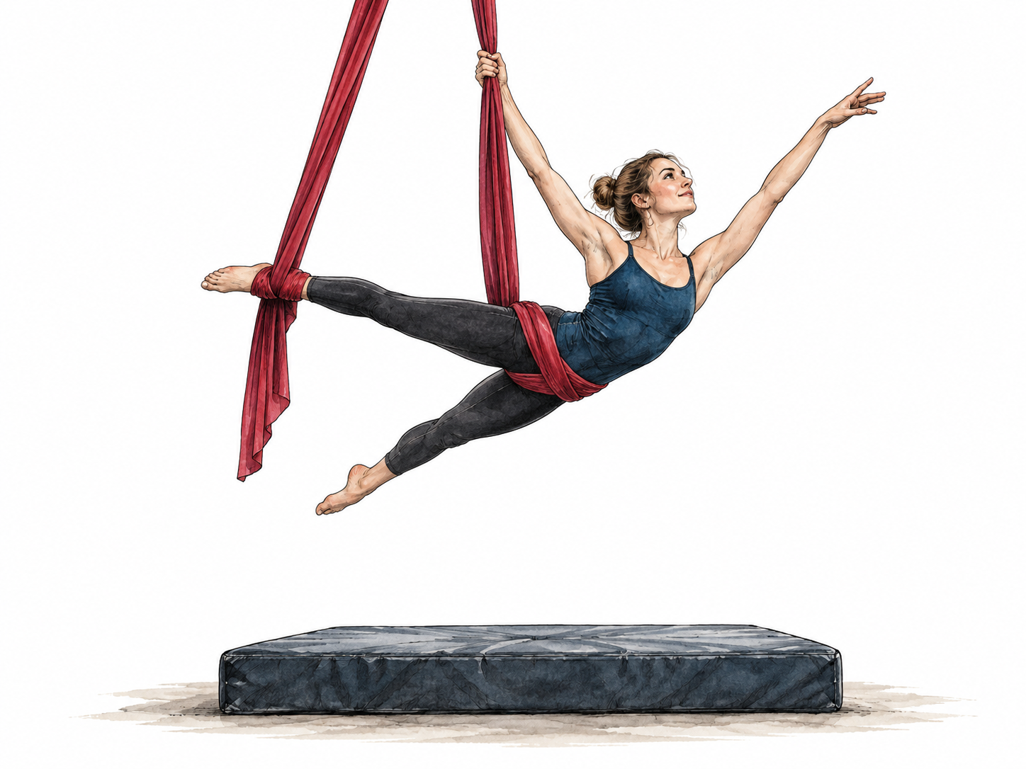 An aerial acrobat suspended safely on silks high above a mat, white adult woman with realistic body and clear overhead space.