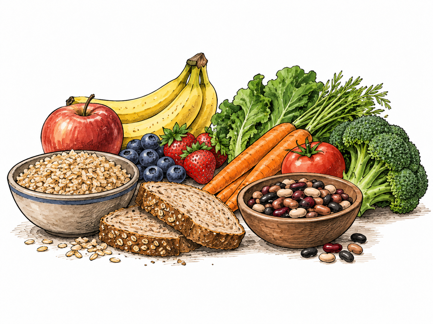 A balanced assortment of grains, fruit, vegetables and beans ready to eat.