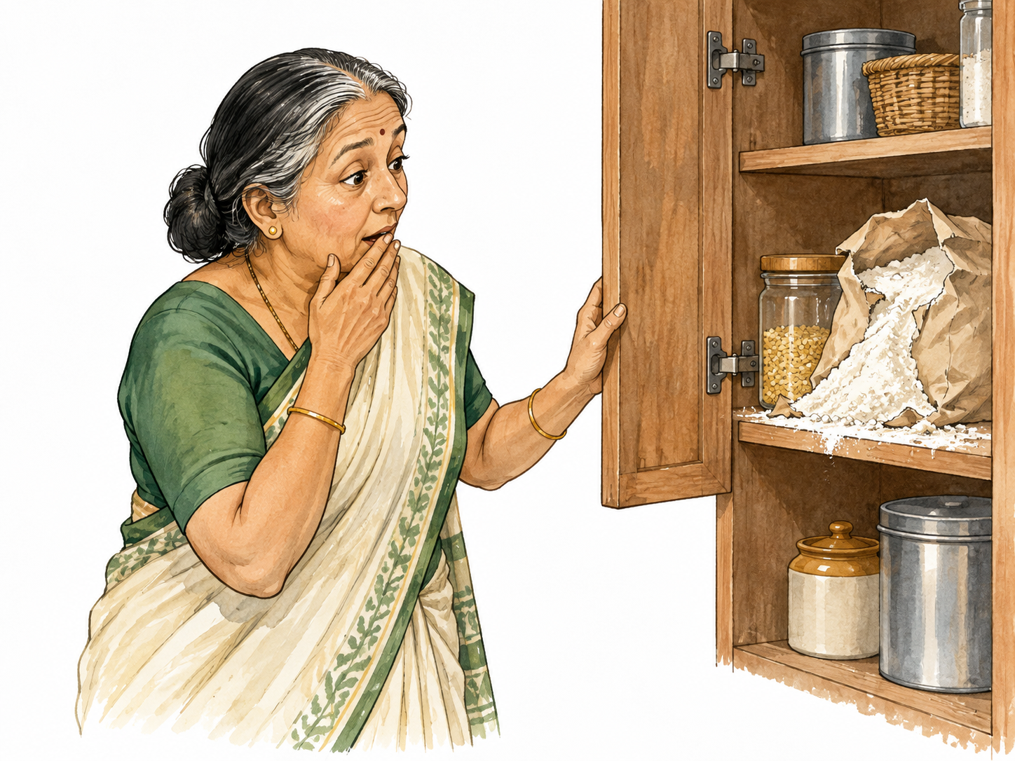 A South Asian older woman opens a cupboard and discovers a burst flour bag, mild surprise.