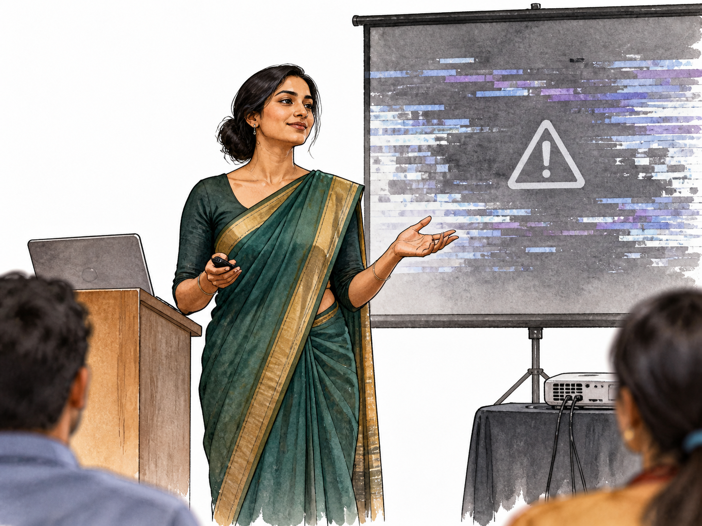 A South Asian woman calmly delivering a presentation while a projector fails behind her, poised self-possession under pressure.